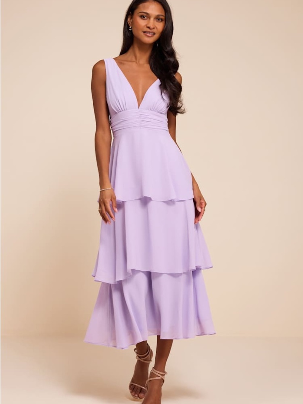 Lulu's Lavender Tiered V-Neck Chiffon Midi Dress